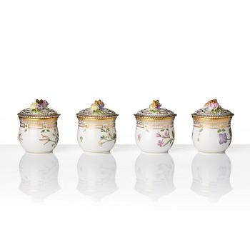 A set with four Royal Copenhagen 'Flora Danica' custard cups with covers and stands, Denmark, 20th century.