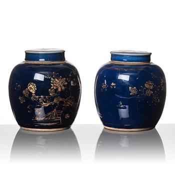 A pair of blue glazed Chinese jars with covers, Qing dynasty, Qianlong (1736-95).