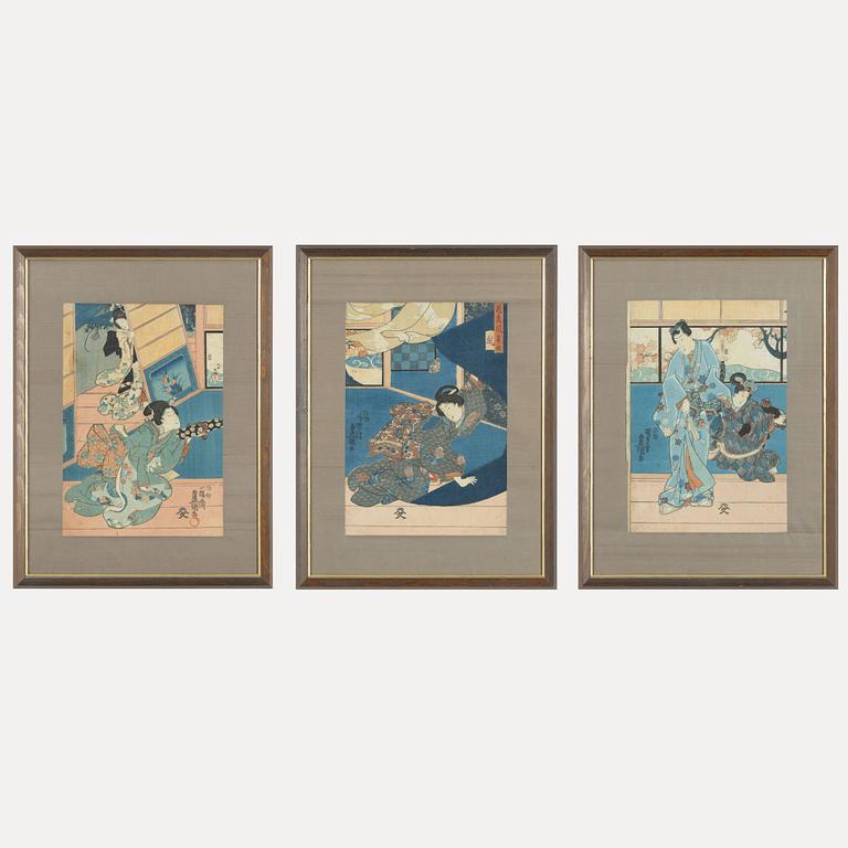 Utagawa Kunisada, a woodblock print triptych, 19th Century.
