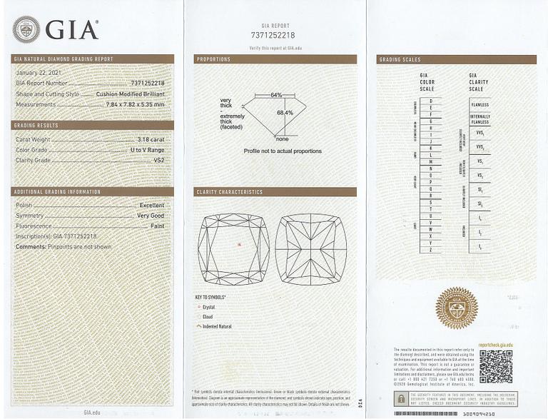 An 18K gold ring with a ca. 3.18 ct cushion cut diamond according to GIA certificate.