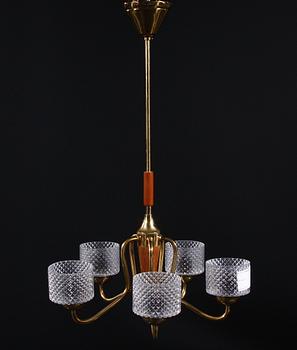 TAKLAMPA, teak, mässing, glas,  möjligen Orrefors, 1950-60-tal.