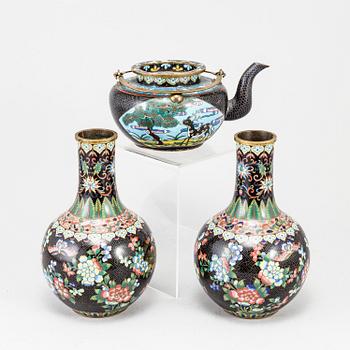 Vases, a pair, and jug, cloisonne. China, 1900s.