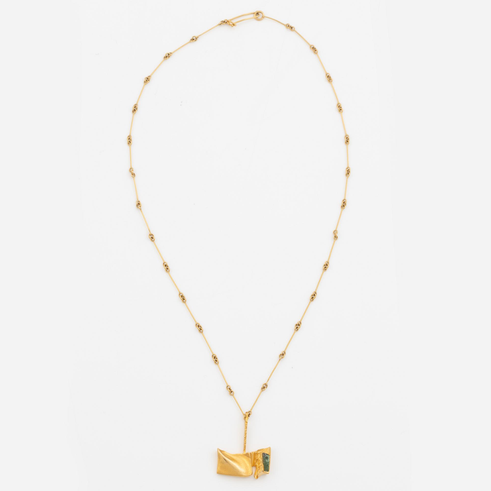 Björn Weckström, necklace, 18K gold with green stone, Finland 1976. For Lapponia.