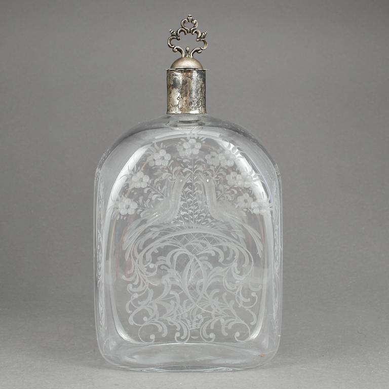 FLASKA, glas med propp delvis i låghaltigt  silver, 1800-tal.