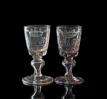 1304. A set of two German engraved wedding goblets, end of 18th Century.