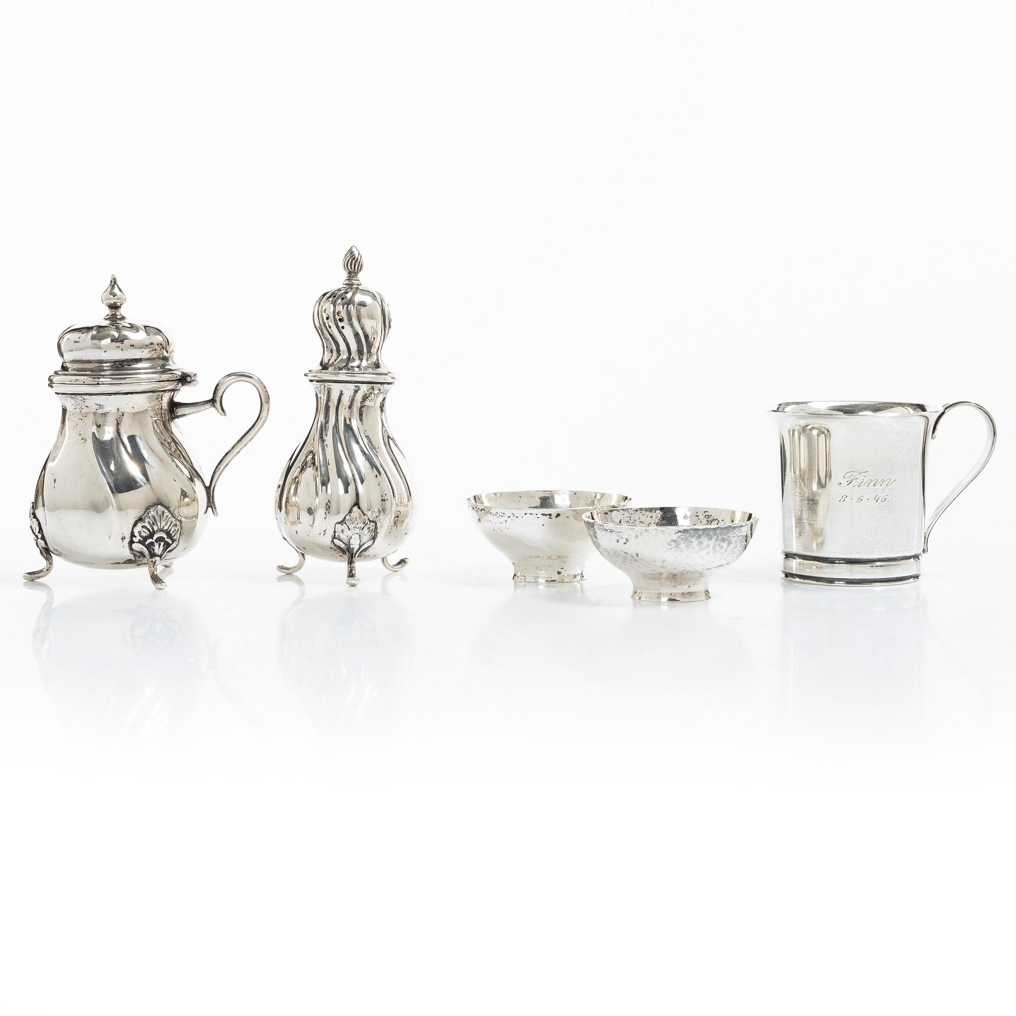 Silver, 5 pieces, Sweden and Denmark, 20th century.