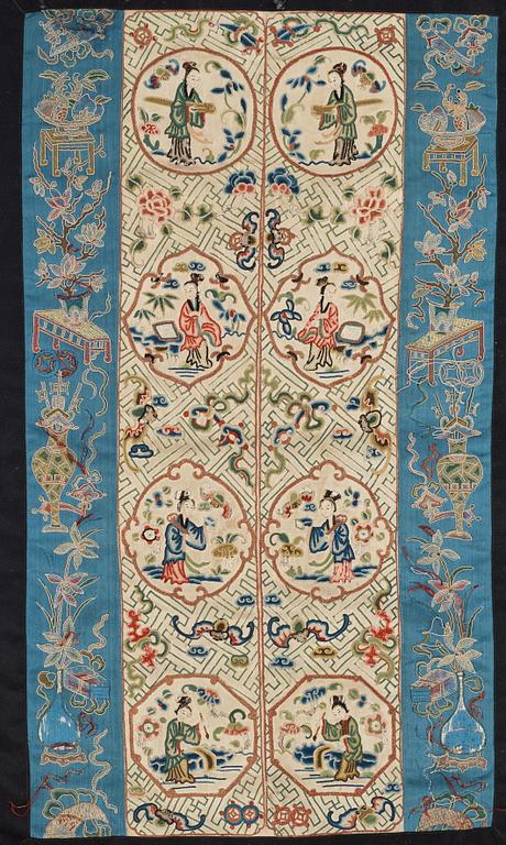 A group of Chinese silk embroideries, Qing dynasty, circa 1900.