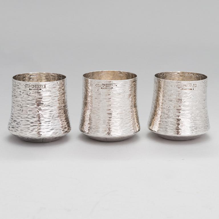 TAPIO WIRKKALA, A set of three silver beakers, marked TW, Kultakeskus, Hämeenlinna, Finland 1976.