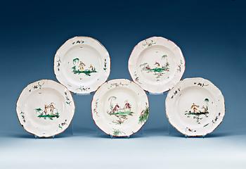 730. A set of five French faience plates, 18th Century.