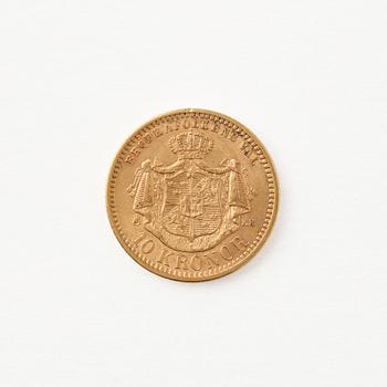 Gold coin, Oscar II, Sweden. 10 kronor, 1901.
