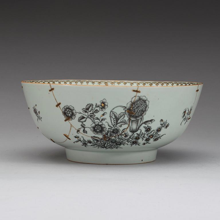 A grisaille punch bowl and stand, with a Swedish Bank note, Qing dynasty, Qianlong dated 1762.