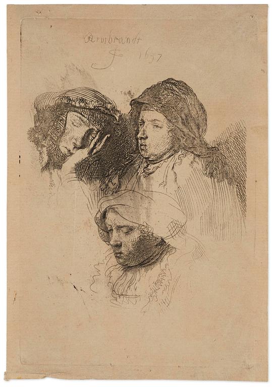 Rembrandt Harmensz van Rijn, "Three heads of woman, one asleep".