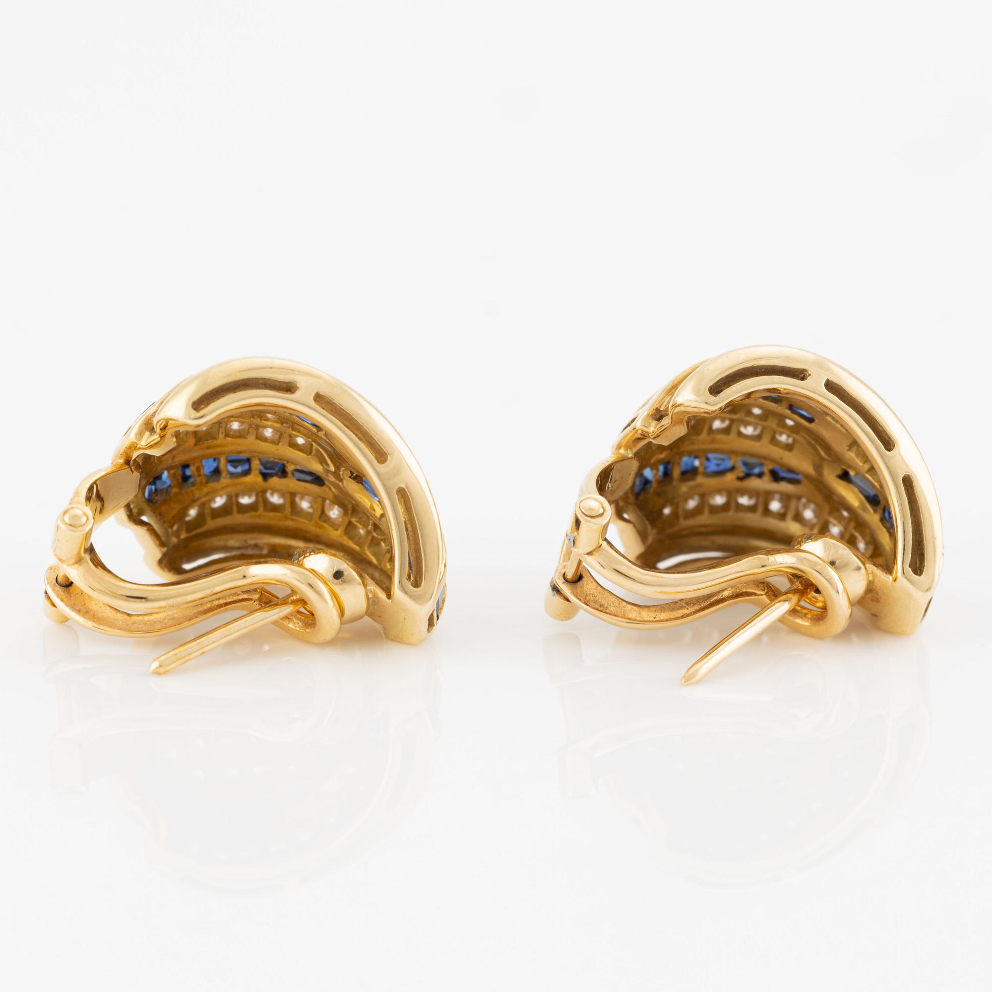 W.A. Bolin a pair of earrings, clip-on with posts, set with square-cut sapphires and brilliant-cut diamonds.