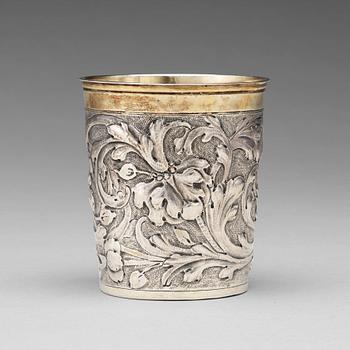 109. A German 17th century parcel-gilt silver beaker, mark of Cornelius Poppe, Augsburg 1690.