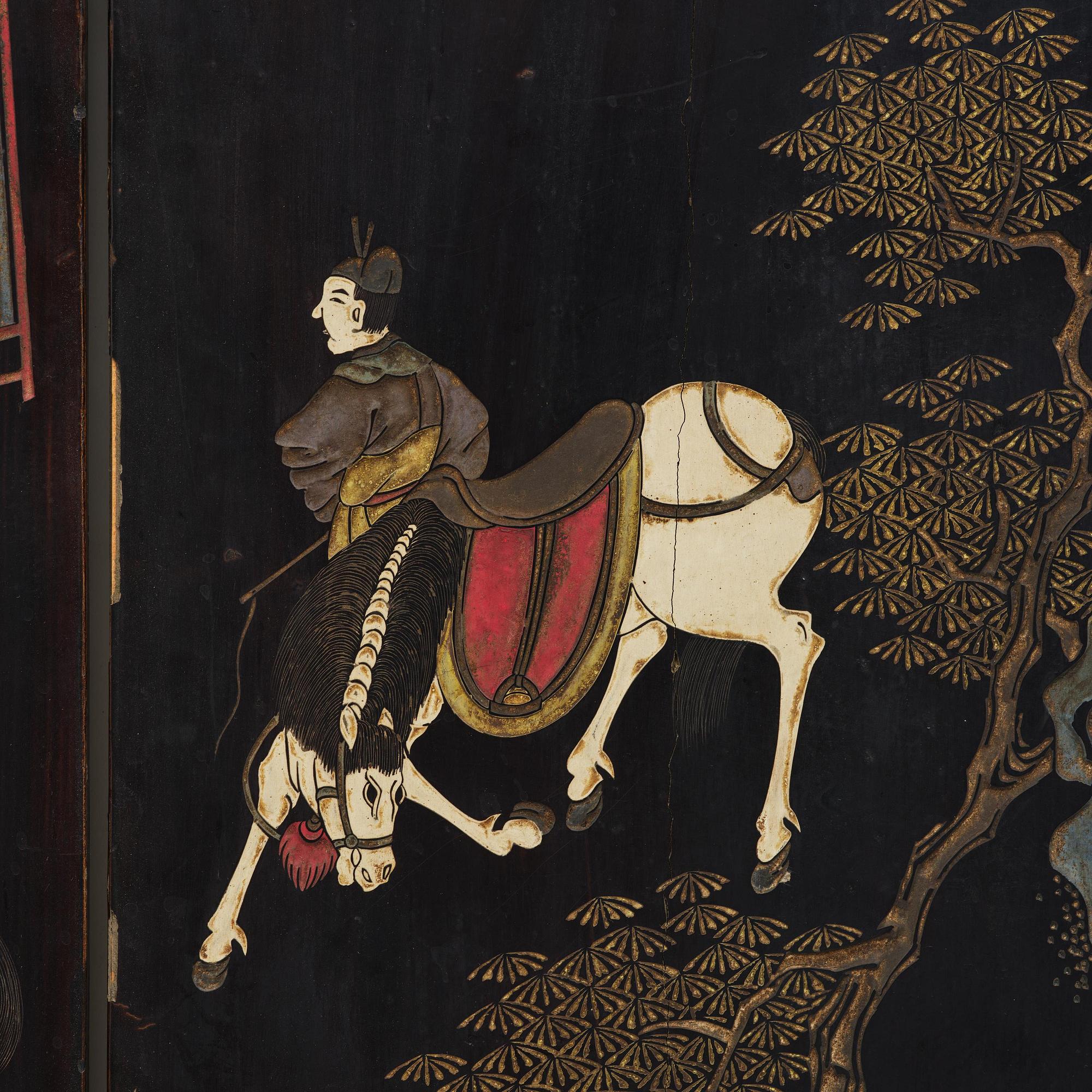 A Chinese four panel lacquer folding screen, first part of the 20th century.