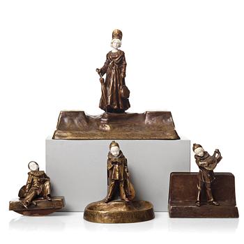 Peter Tereszczuk, a four pieces Art Nouveau bronze and ivory desk set, foundry Arthur Rubenstein, Vienna 1895-1925.