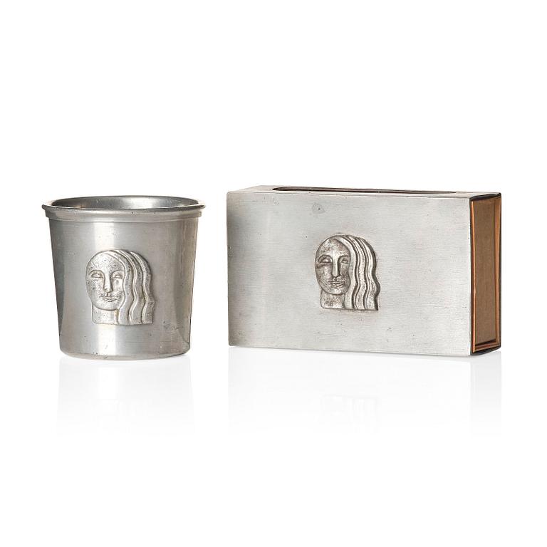 Firma Svenskt Tenn, a pewter matchbox case with beaker, models "38d" and "185a", with decor by Anna Petrus, Stockholm 1927-28.