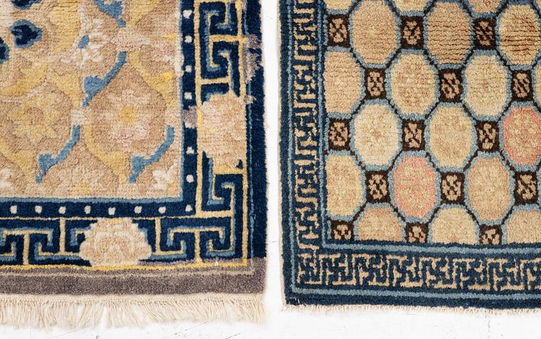Two antique Ningxia meditation rugs, Qing dynasty, 19th century. c. 67 x 72 and 71 x 73 cm.