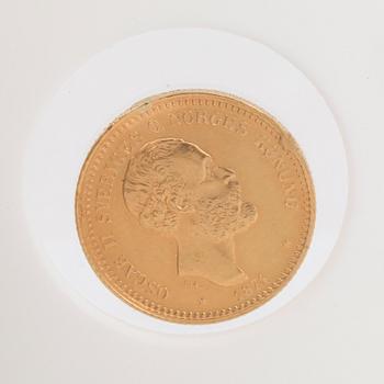 GULDMYNT, 10 kronor, Oscar II, Sverige och Norge 1874. Vikt ca 4 gram.