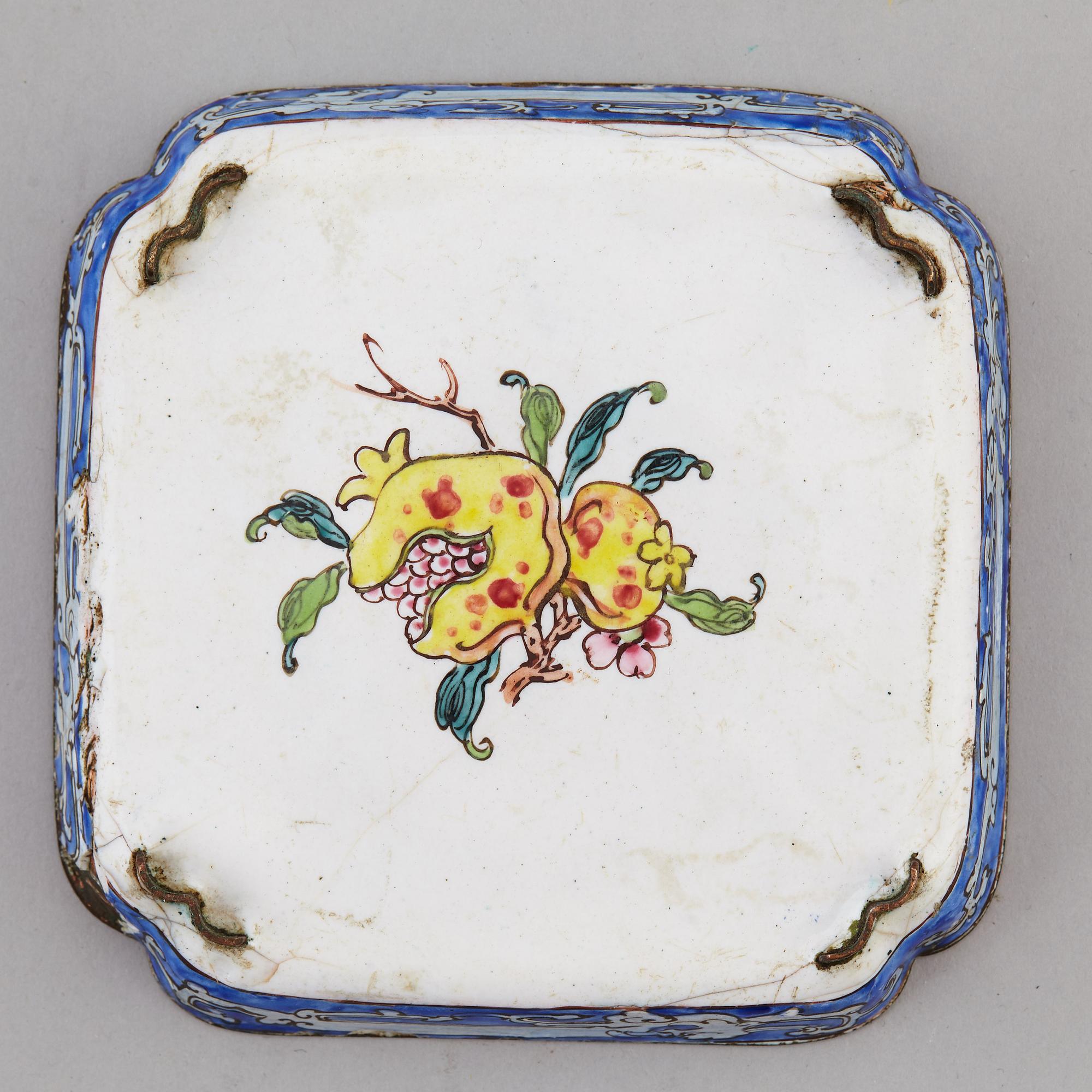 An enamelled caddy with cover and a dish, Qing dynasty, 18th century.