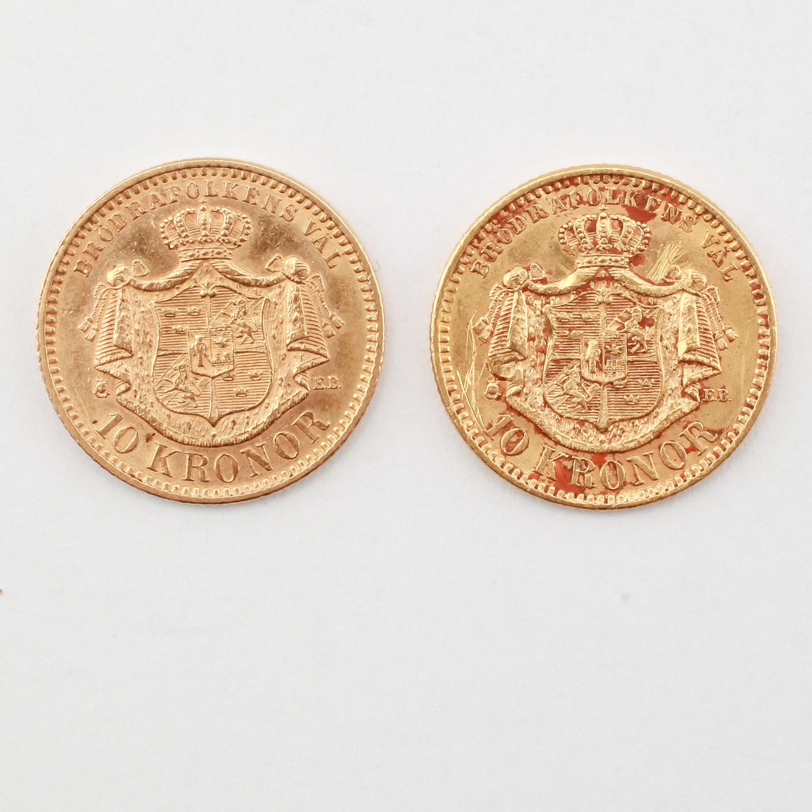 GULDMYNT, 2 st, 10 kronor, Oscar II, 1901. Vikt ca 9 gram.