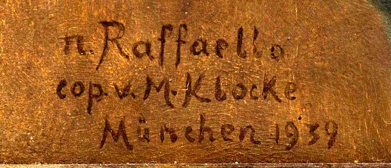 AN UNKNOWN ARTIST OILPAITNING ON BOARD, SIGNED M. KLOCKE, COPY AFTER RAFAEL, 1939.