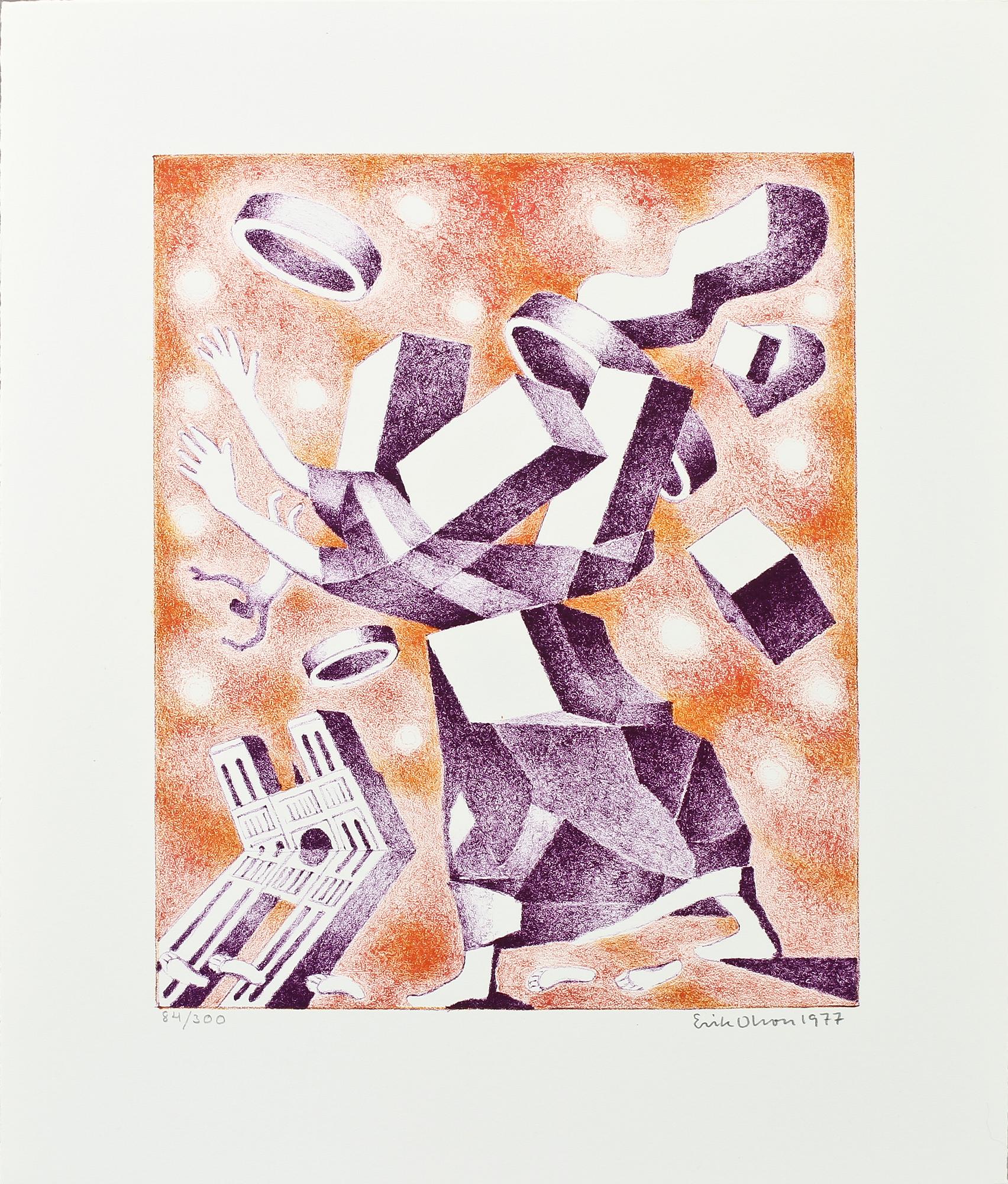 ERIK OLSON, mapp med 3 st färglitografier samt bok och katalog.