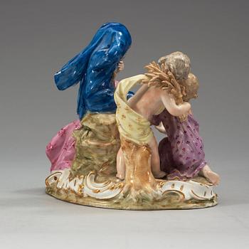 A set of four Meissen allegorical figure groups, 18th Century, three of them with the Marcolini mark (1774-1814).