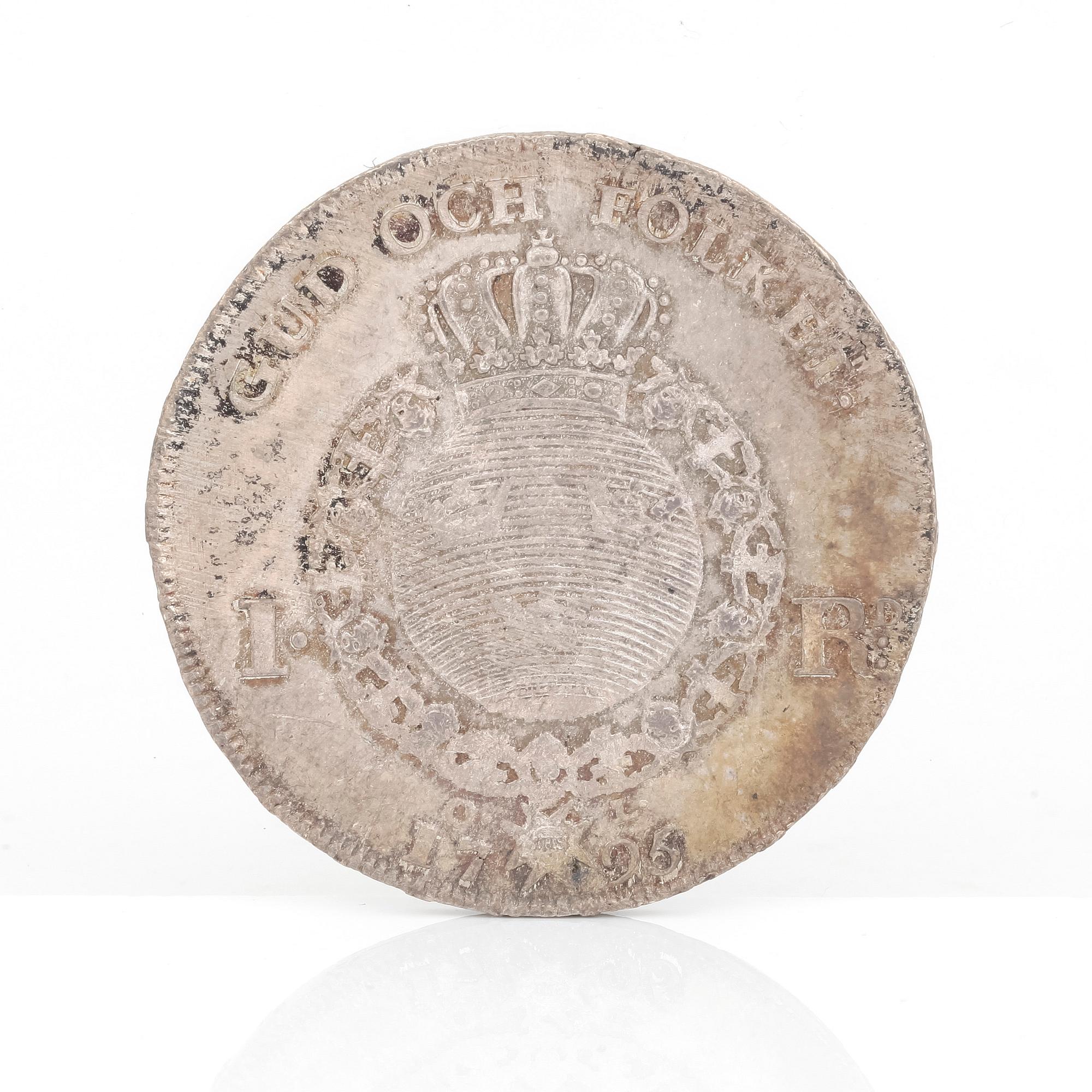 SILVERMYNT, 1 Riksdaler, Gustav IV Adolf av Sverige 1795. Vikt ca 29 gram.