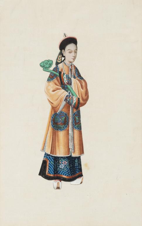 Målningar, tre stycken, gouache på rispapper, Kina, Qingdynastin, 1800-tal.