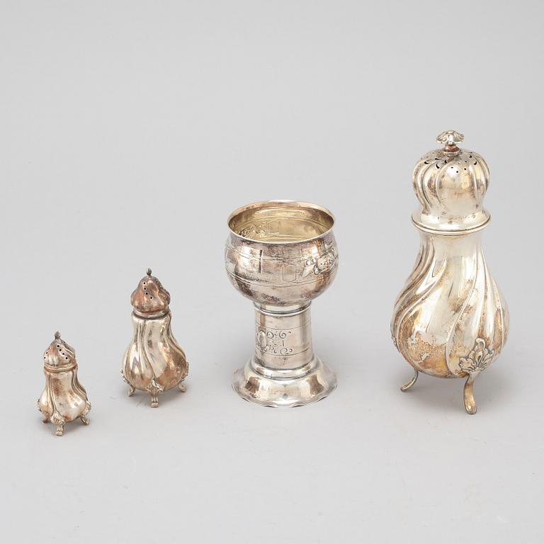 Three silver shakers and chalice, K. Anderson and import marks, first half of the 20th century.
