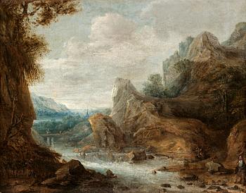 301. Jacques Fouquières Hans krets, Bergslandskap med jägare vid vattendrag.
