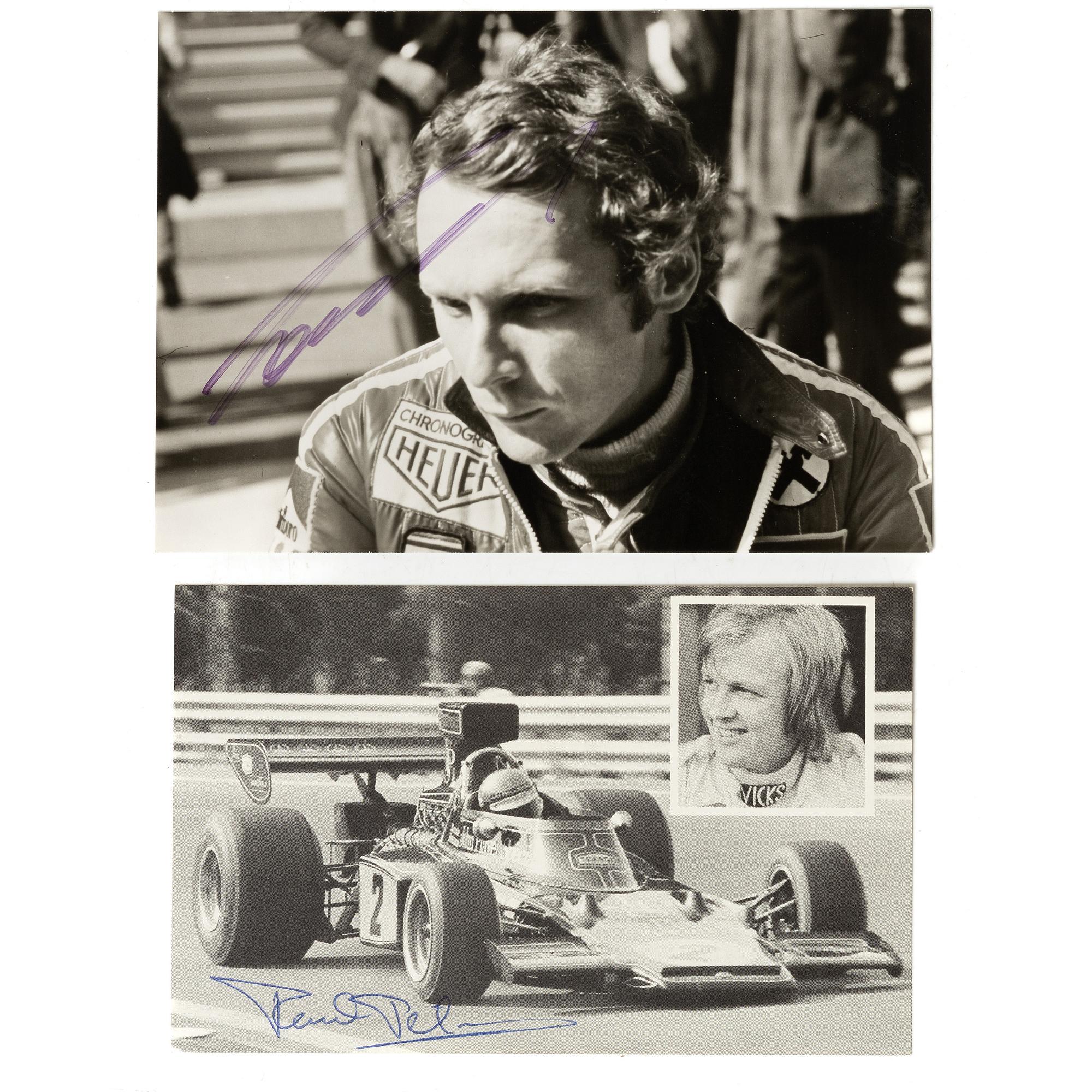 Two autographs, Ronnie Peterson and Niki Lauda.