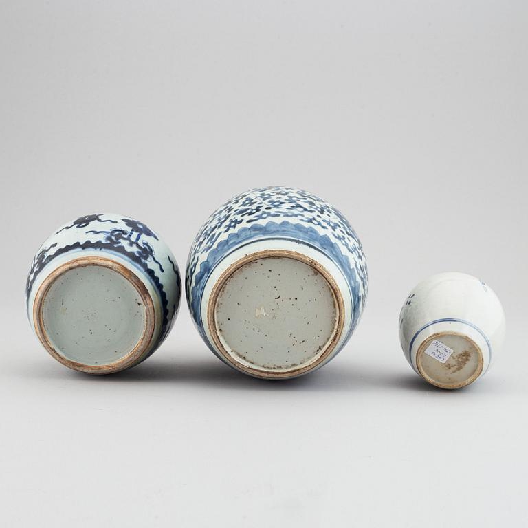 A group of three blue and white jars, Qing dynasty, 19th Century.