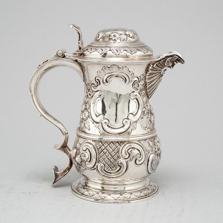 An English 18th century parcel-gilt silver jug, marked BB possibly Benjamin Brewood II, London 1762.