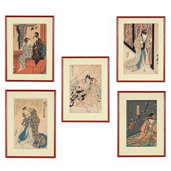 Utagawa School, a set of five woodblock prints in colours, 19th/20th Century.