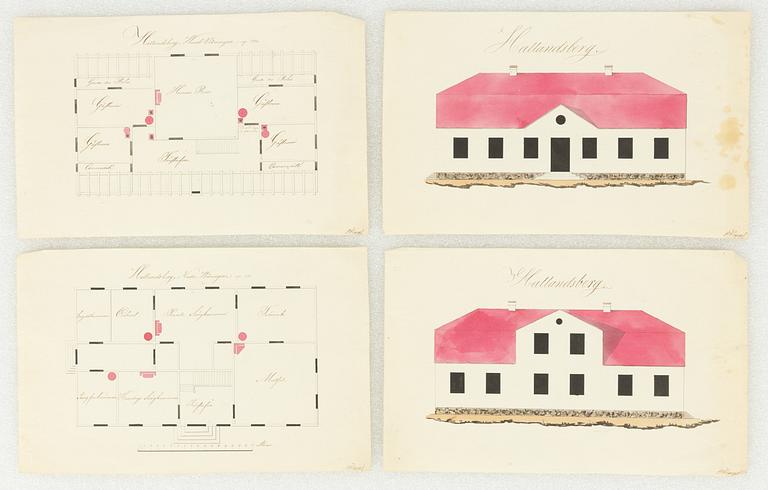 Drawings for manor house, 4 pieces, 18th century, "Hallandsberg".
