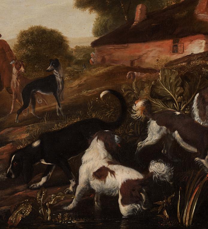 Adriaen Cornelisz. Beeldemaker Attributed to, Dogs by the Kitchen Garden.