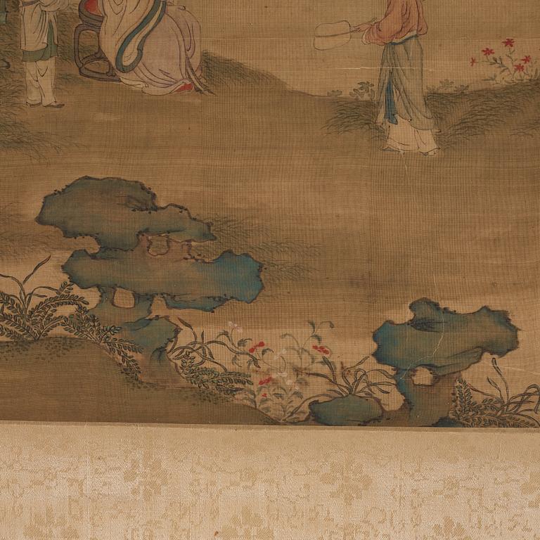 A Chinese scroll painting, ink and colour on silk laid on paper, Qing dynasty, probably 18th Century.