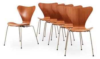 A set of six Arne Jacobsen 'Series 7' teak and steel chairs, Fritz Hansen, 1950's.