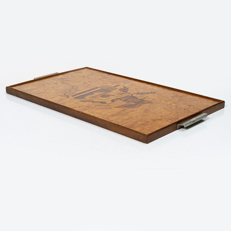 A Linder, tray "Cocktail", model number 67, Mjölby Intarsia, 1940s.