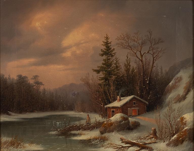 Carl Abraham Rothstén, Winter Landscape with Woman by a Timber Cottage.