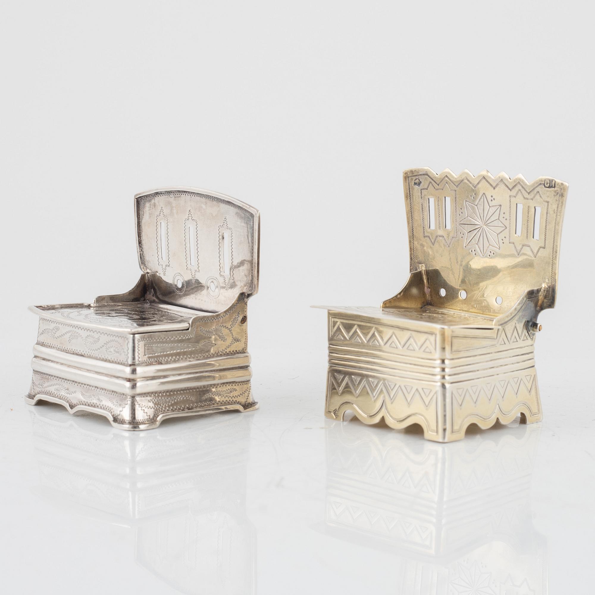 Two Russian Silver Salt Chairs, Moscow 1856-1878.