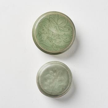 A set of two elegant longquan 'lotus' celadon boxes, Song dynasty (960-1279).