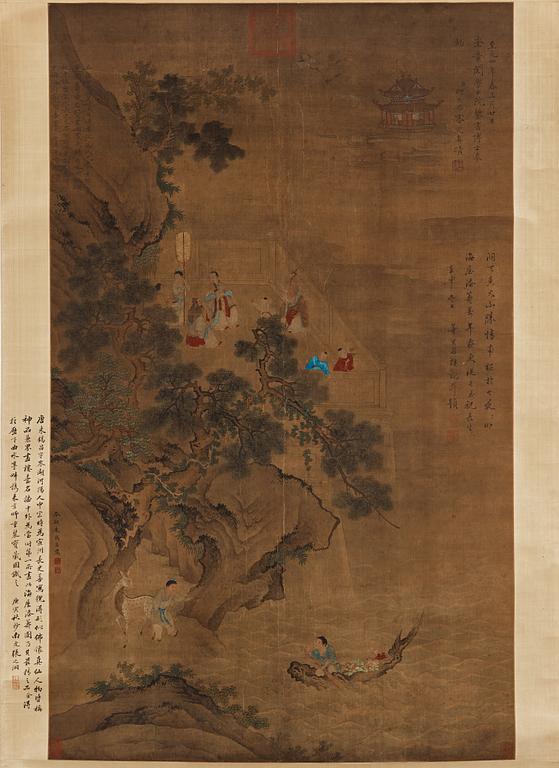 RULLMÅLNING, landskap med figurer i Tangkonstnären Zhu Nichings stil, Qingdynastin, 1800-tal.