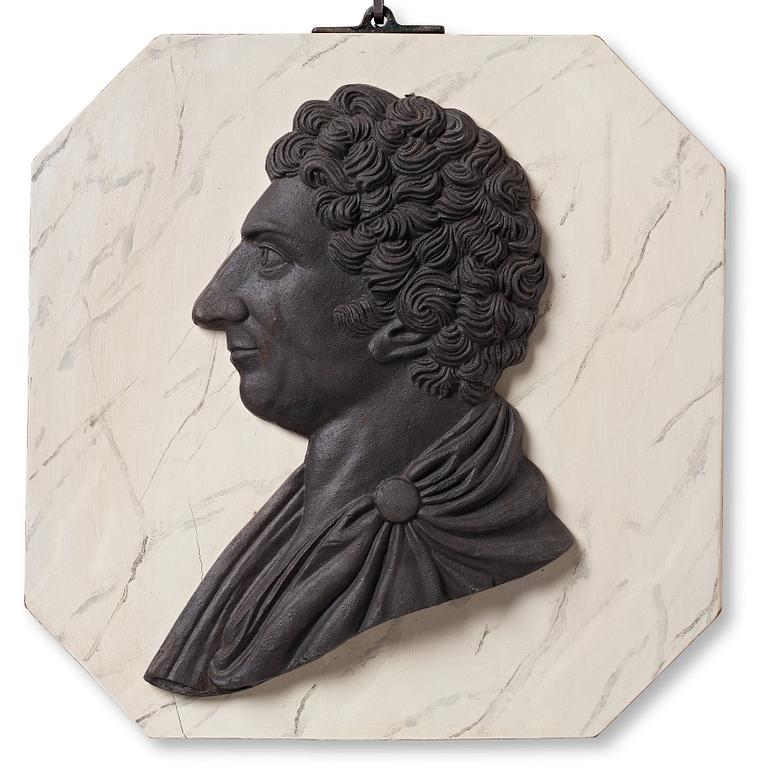 A cast iron portrait depicting the Swedish king Karl XIV Johan, 1818-44.