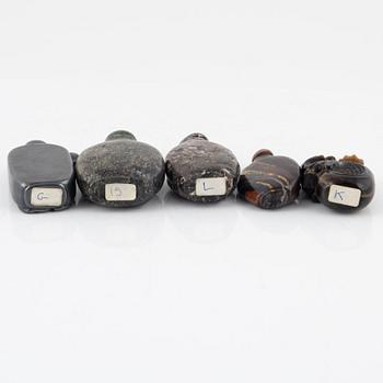 Ten snuff bottles, mottled stone, China, 20th century.