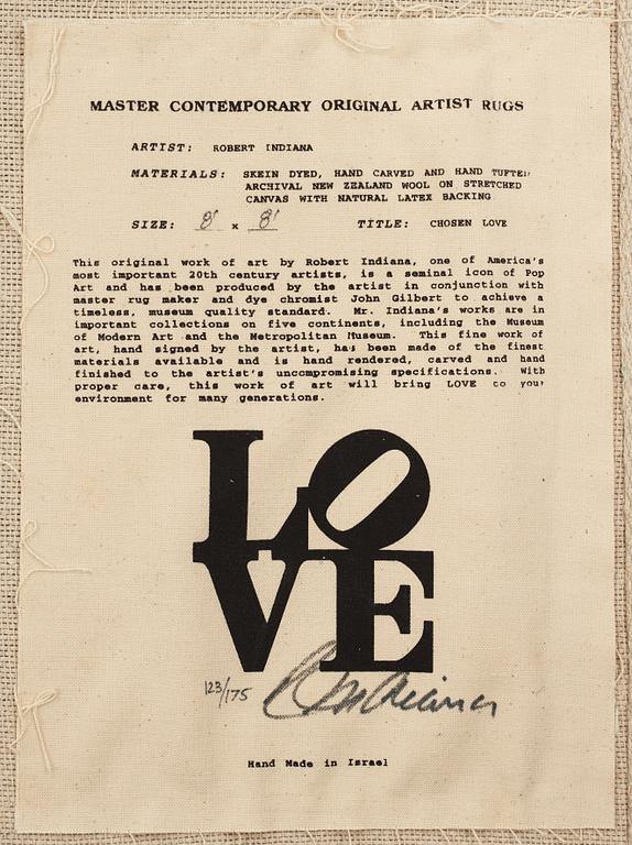 Robert Indiana, Matta, "White on Black", Chosen Love, handtuftad 1995, ca 246,5 x 245,5 cm, Robert Indiana.