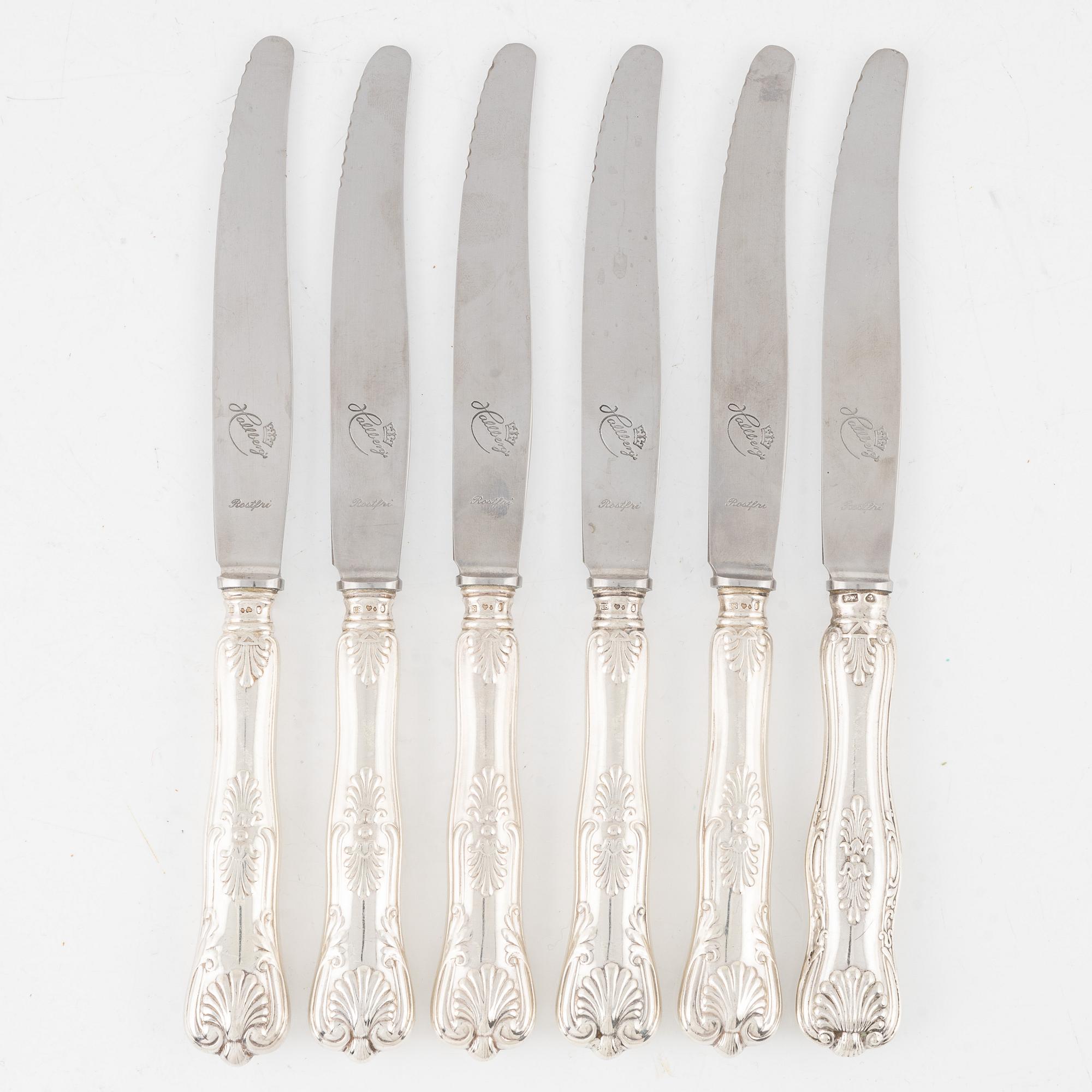Matknivar, 6 st, silver, modell Engelsk snäck, CG Hallberg, Stockholm 1946.