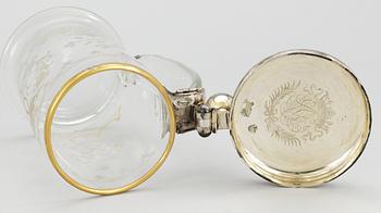 A large Swedish engraved silver gilt mounted tankard, 18th Century.